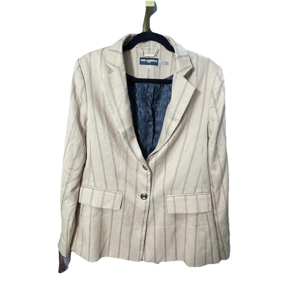 Karl Lagerfeld Womens Striped Single Breasted Blazer Jacket Brown Size 6*